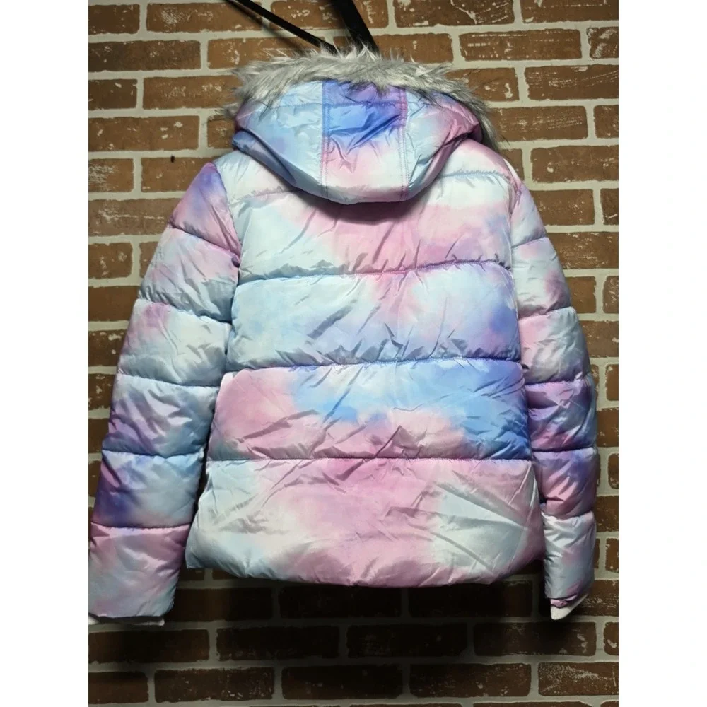 Justice Girls Puffer Jacket with Faux Fur Lined Hood Size L 12/14 Rainbow Pastel
